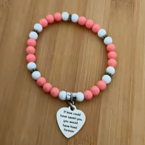 Hand Crafted Cancer Awareness Charm Bracelet Uterine Vaginal Peach White Beads - Picture 1 of 8